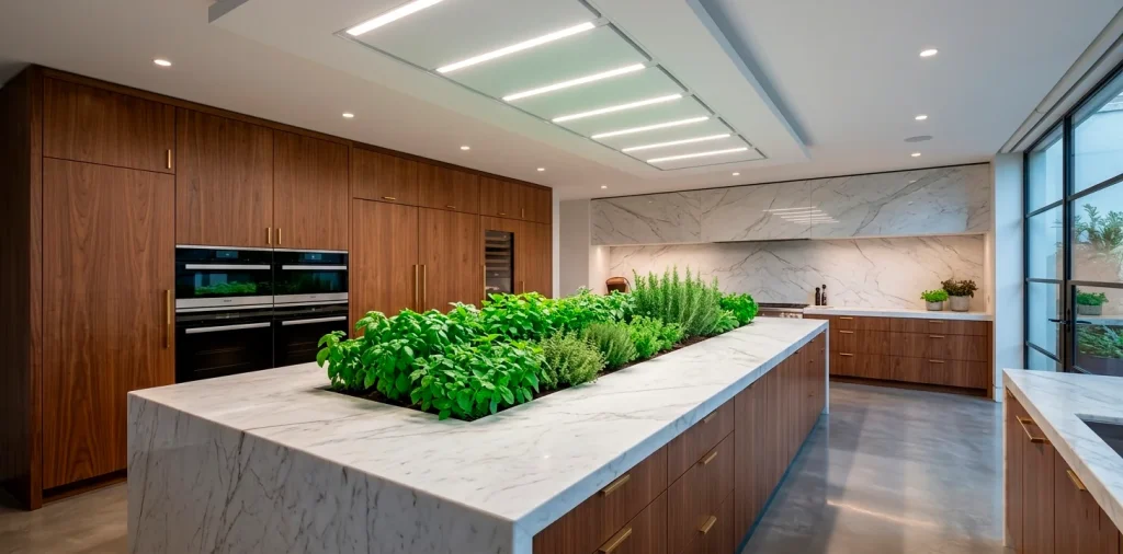 Modern kitchen with indoor herb garden under sleek minimalist LED grow lights on a marble island.