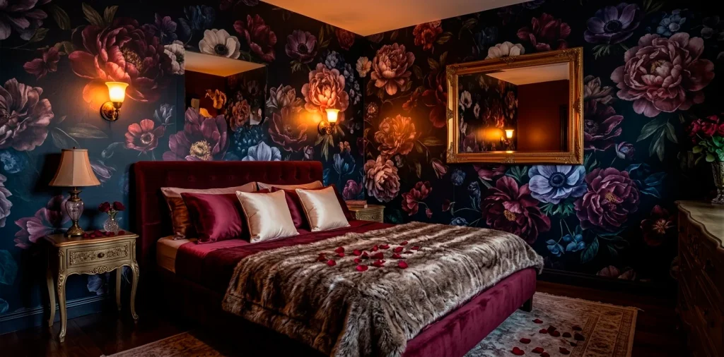 Luxurious moody floral bedroom with burgundy velvet bedding and dark botanical wallpaper for Valentine's Day.