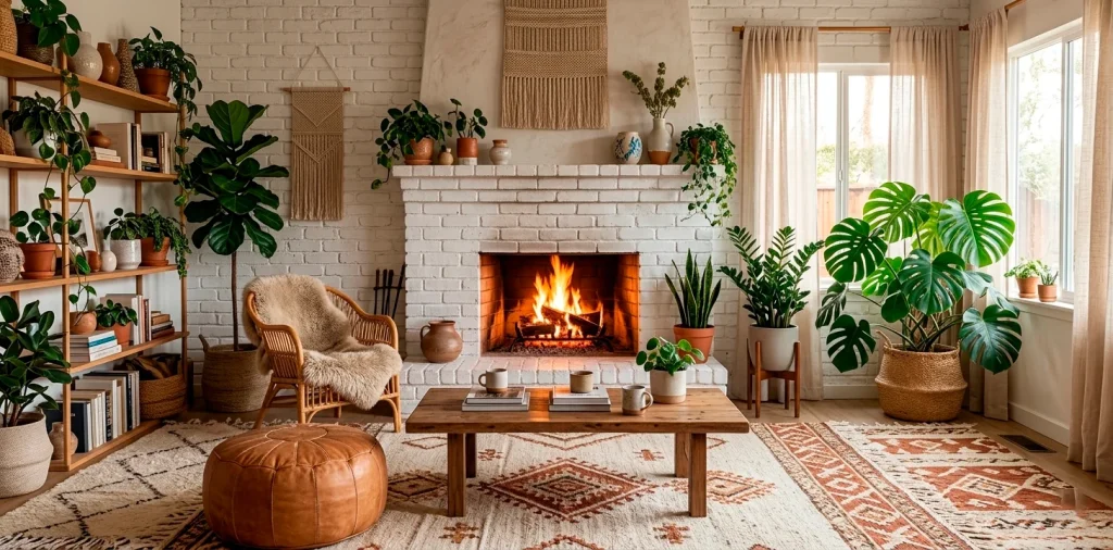 Cozy boho living room featuring a white brick fireplace, layered rugs, and lush green plants.