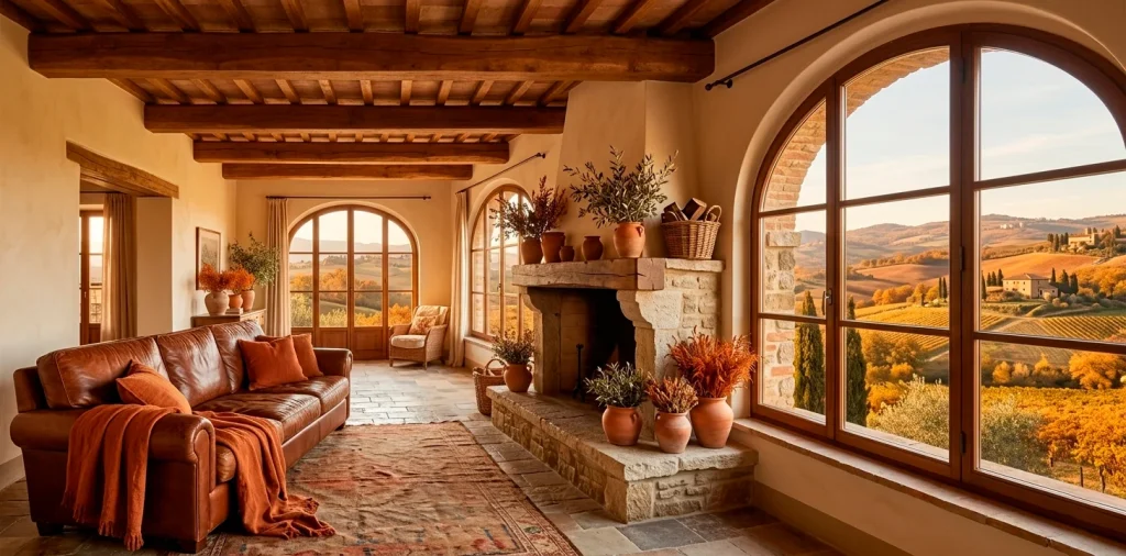 Wide shot of a rustic Mediterranean living room with warm autumn decor and sun-drenched stone walls.
