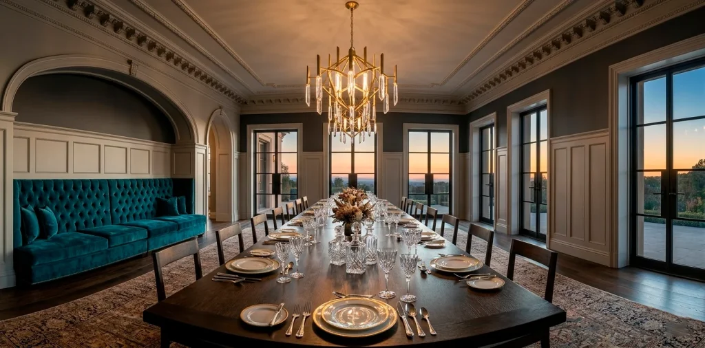 Wide panoramic view of a luxurious dining room featuring high-end furniture and a grand chandelier.