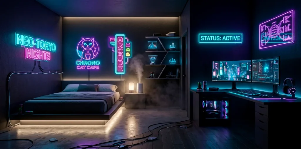 Cinematic cyberpunk bedroom with vibrant neon LED signs, futuristic furniture, and atmospheric lighting.