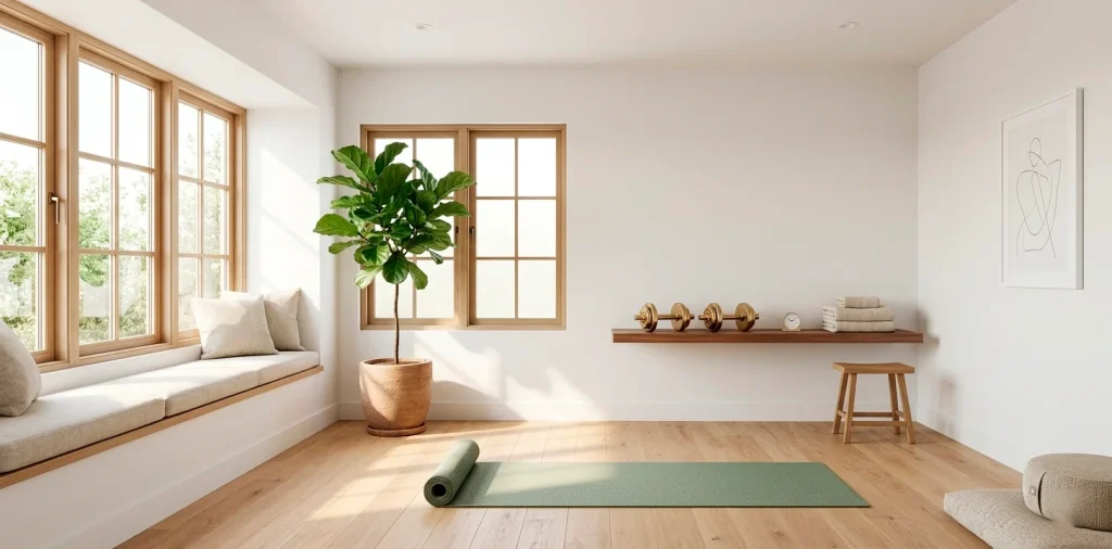 A wide view of a sun-drenched minimalist home gym with white walls, light wood floors, and yoga equipment.