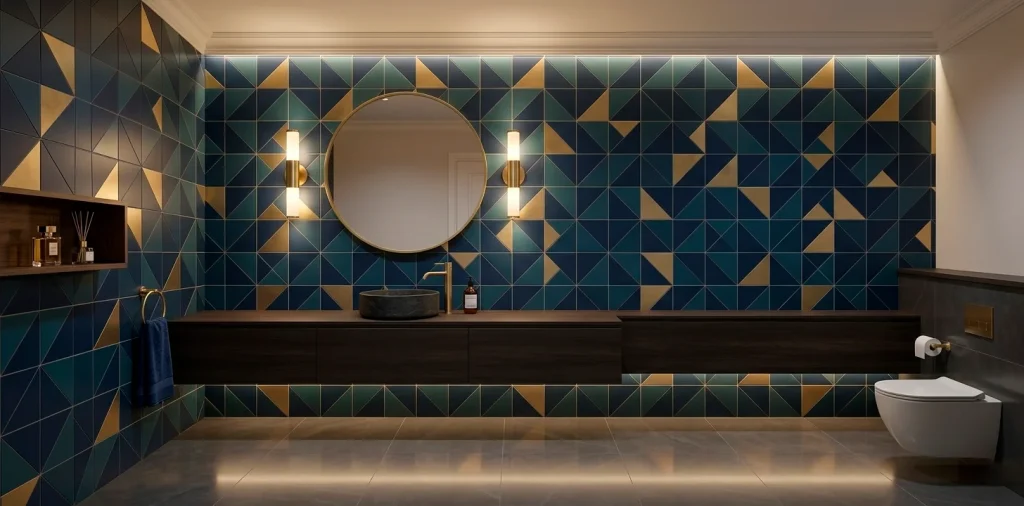 Wide view of a modern powder room with navy and gold geometric wall tiles and a floating wood vanity.
