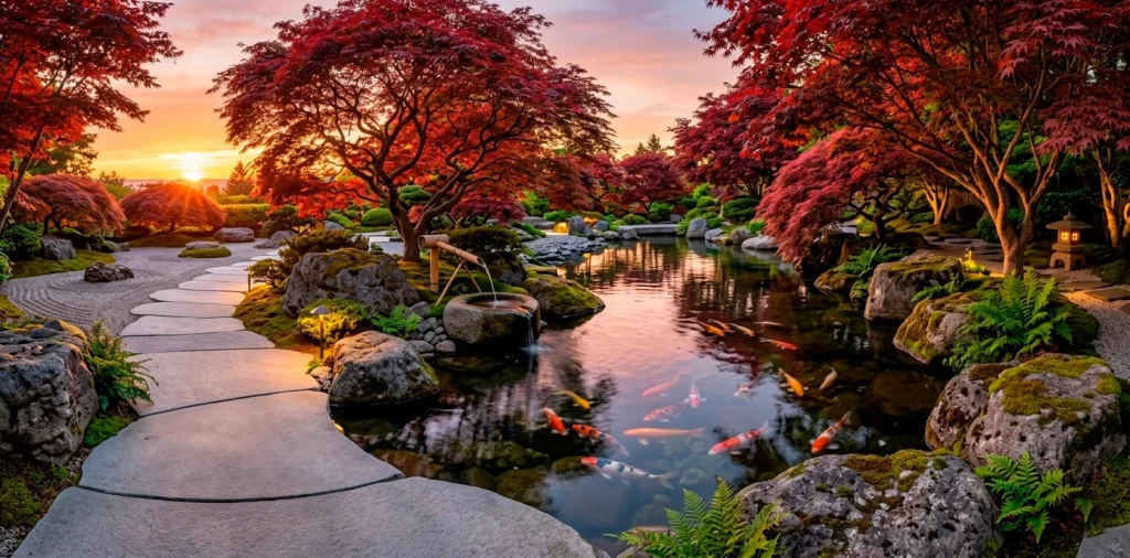 Wide SEO-friendly shot of a Zen-inspired backyard landscape with a koi pond, stone paths, and sunset lighting.