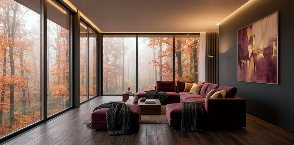 Modern living room with plum velvet sofa and charcoal grey walls for fall decor.