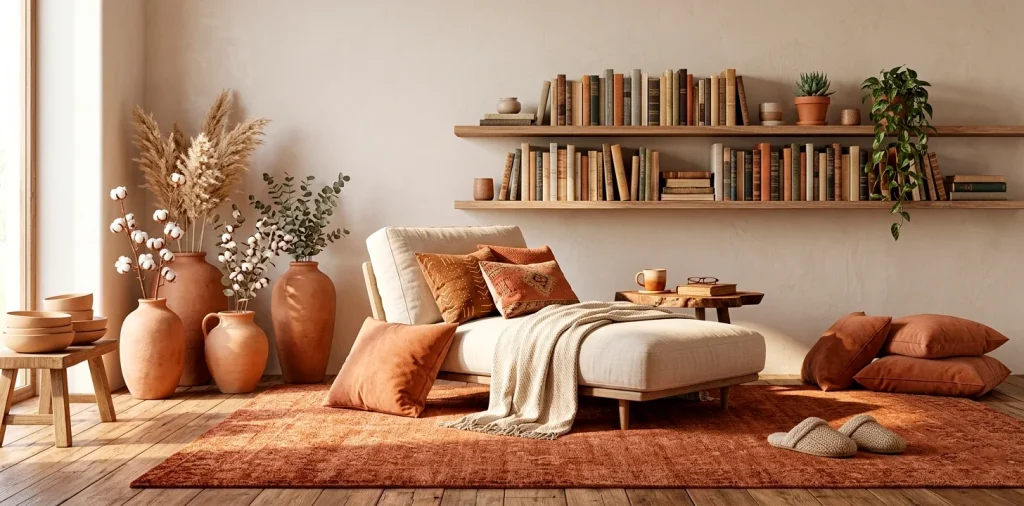 Wide panoramic shot of a cozy boho reading nook featuring warm terracotta accents and natural lighting.