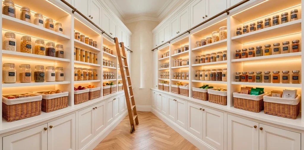 Luxurious organized kitchen pantry with white shelves, glass jars, and warm LED lighting.