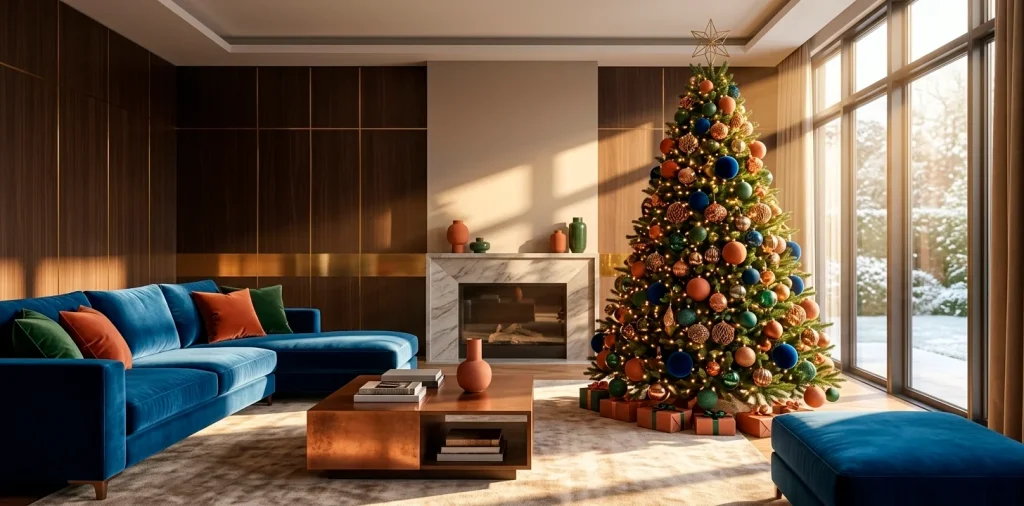 Luxurious modern living room featuring a tall Christmas tree decorated with 2025 color trends and warm lighting.