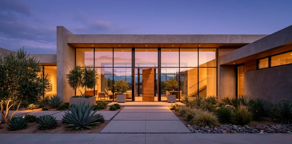 Wide panoramic view of a modern luxury home entrance with massive glass walls and warm interior lighting.
