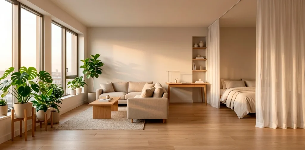A balanced studio apartment with harmonized zones and natural light for perfect Feng Shui flow.