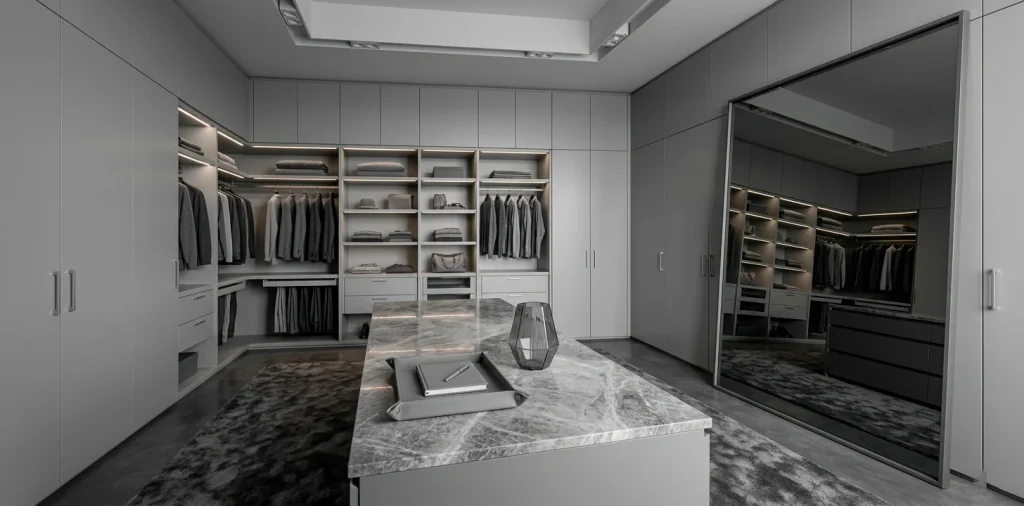 Luxurious all-grey dressing room featuring charcoal rugs, marble island, and floor-to-ceiling cabinetry.
