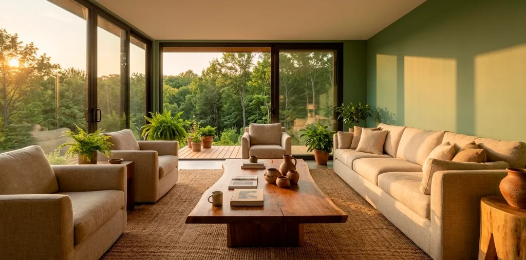 Wide horizontal shot of a cozy earthy living room with linen furniture and warm natural lighting.