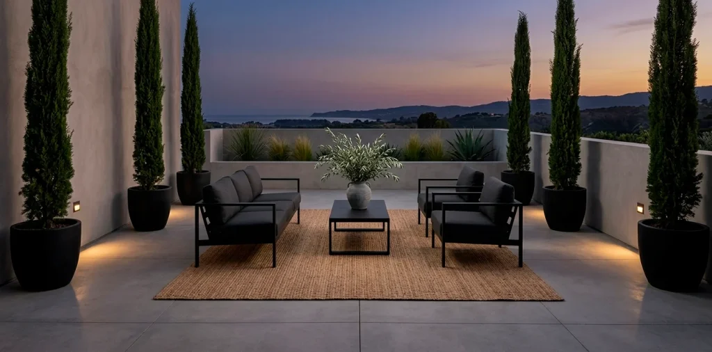 Minimalist outdoor patio with architectural greenery and modern furniture for a peaceful Memorial Day setup.