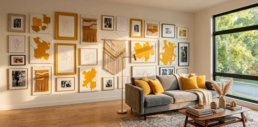 Wide panoramic shot of a modern living room featuring a stunning gallery wall with mustard yellow accents and warm lighting.