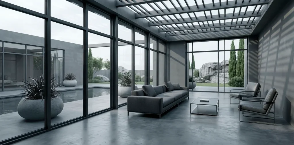 Wide panoramic view of a modern monochromatic sunroom with charcoal furniture and large windows.
