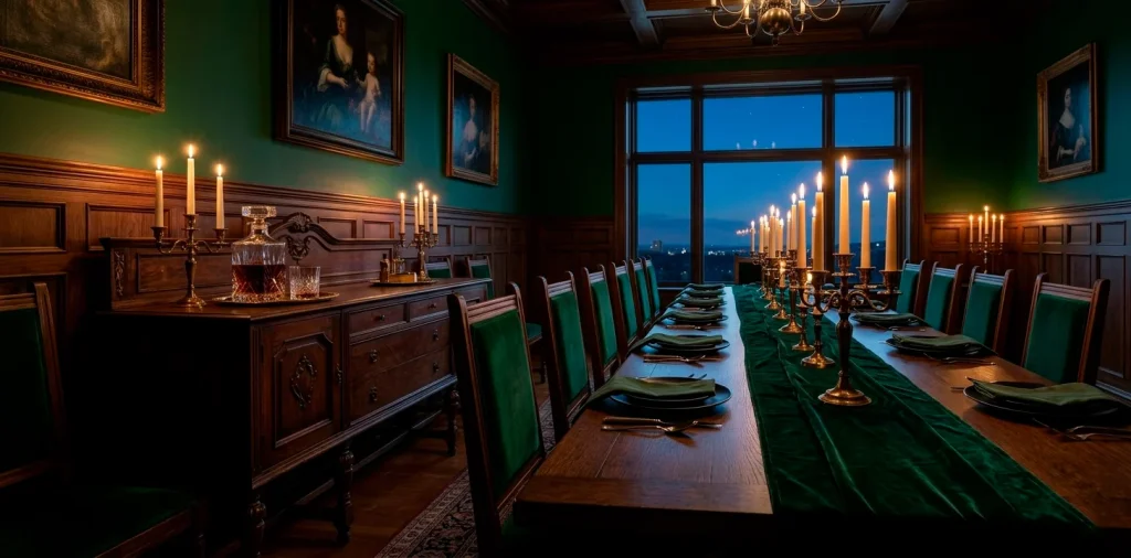 Sophisticated moody St. Patricks Day dining room with emerald decor and brass accents.