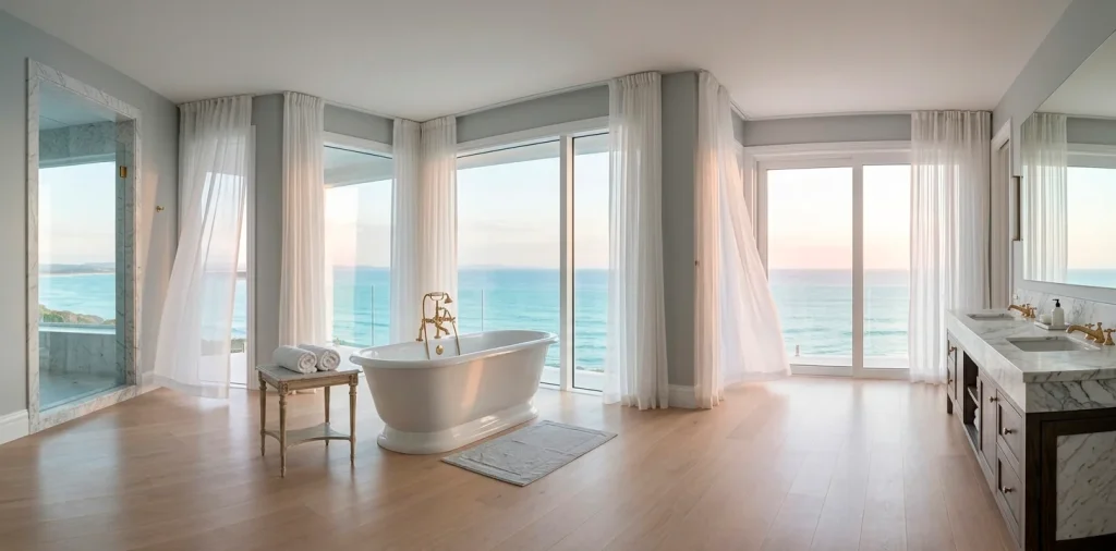 Luxury coastal bathroom with marble vanity and ocean view through large windows.