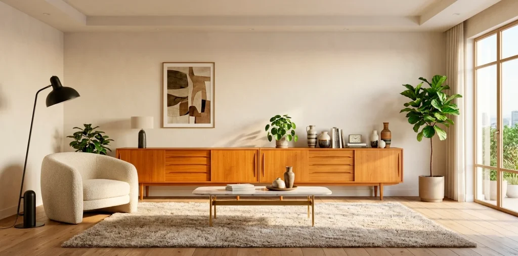Wide panoramic view of a mid-century modern living room featuring teak furniture and contemporary textures.
