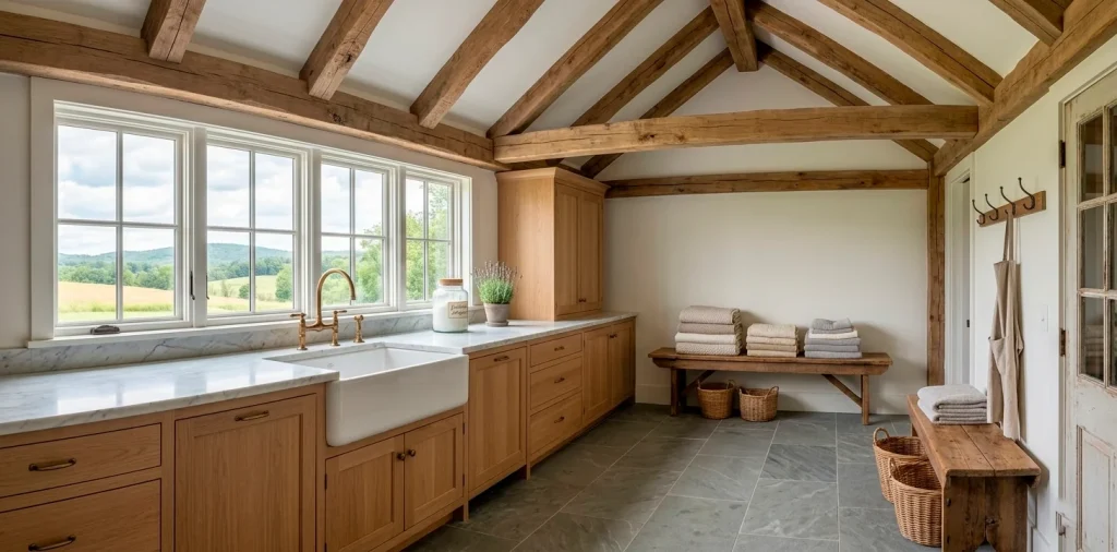 Bright farmhouse laundry room with white cabinetry, apron sink, and rustic wooden beams in natural light.