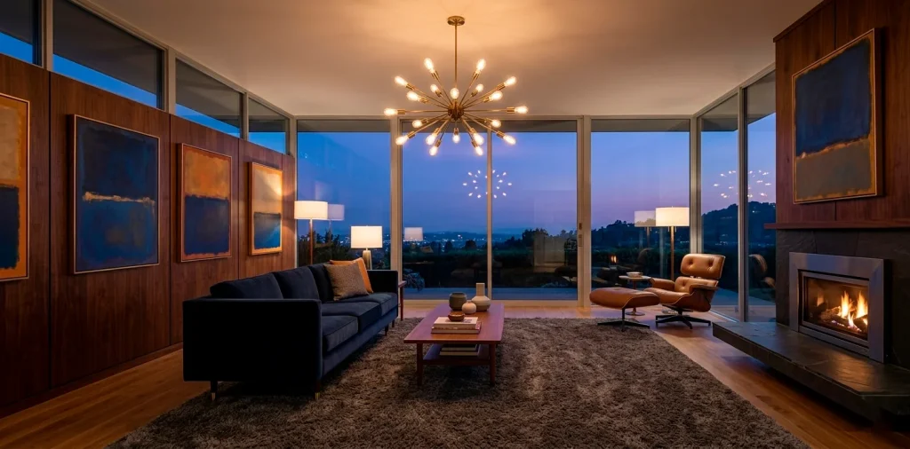 Atmospheric mid-century modern living room with dark walnut wood, navy velvet furniture, and brass accents.