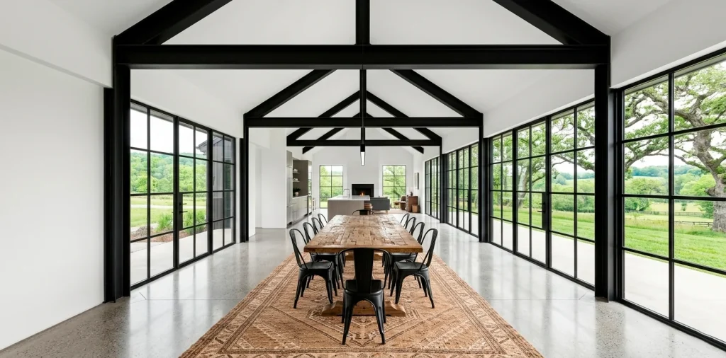 Wide shot of a modern farmhouse interior featuring black steel beams and industrial windows.