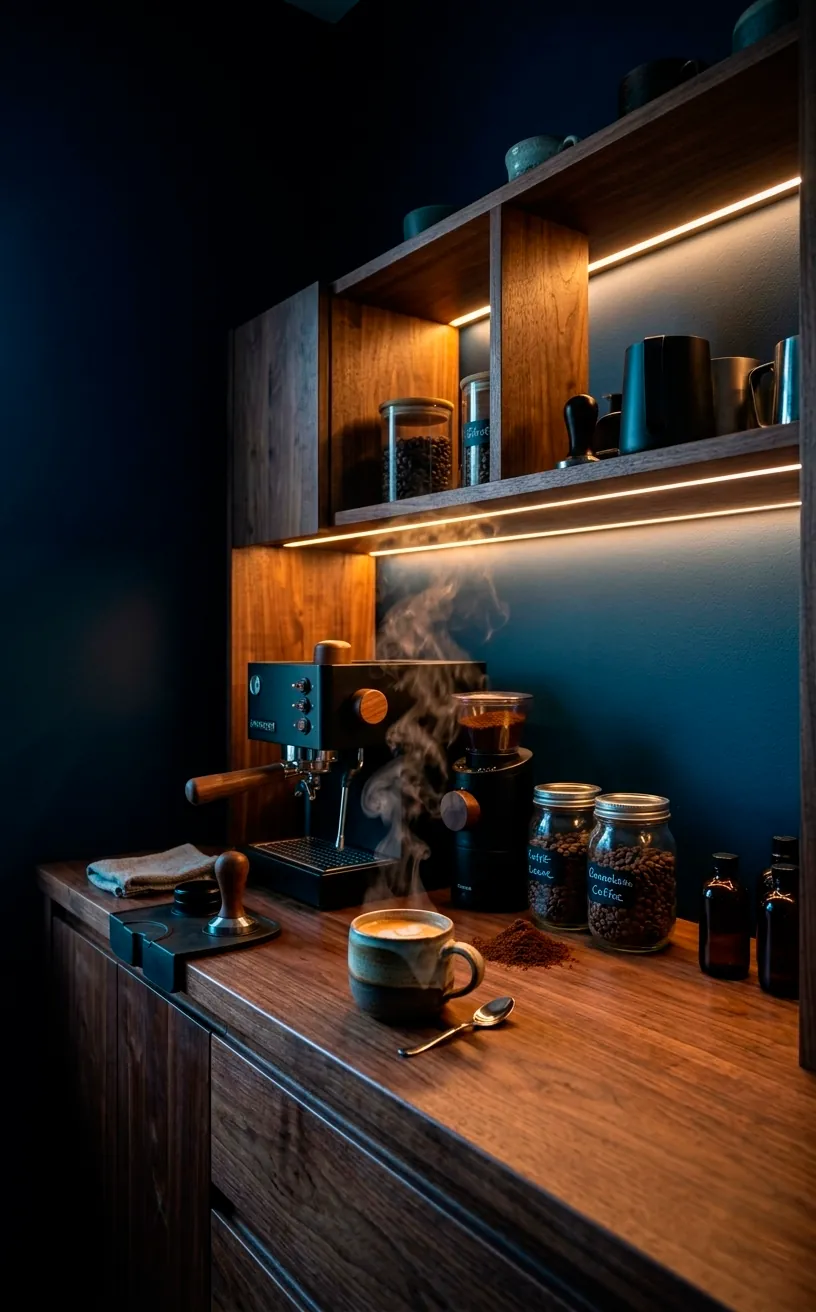 Dark walnut coffee bar with warm under-shelf LED lighting at night.