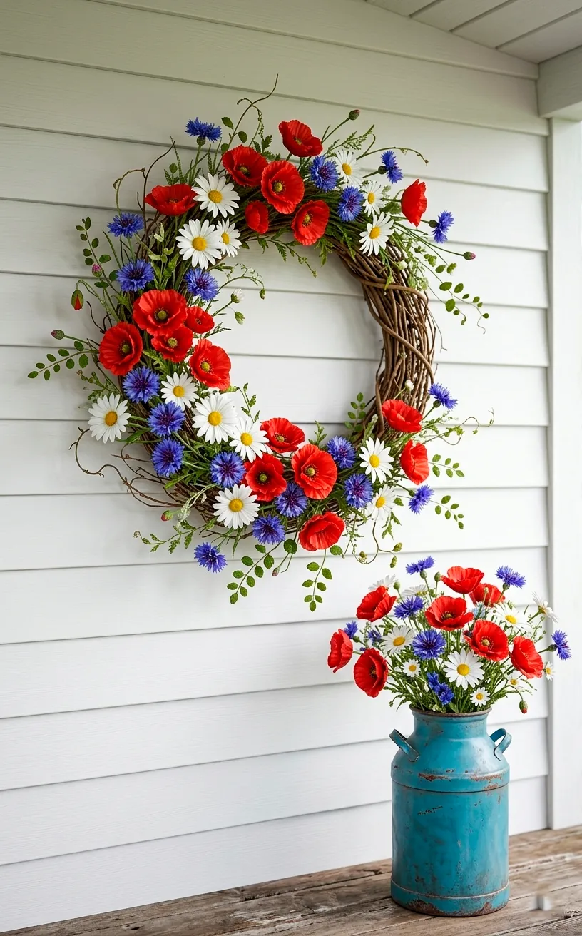 Wildflower Memorial Day wreath with red poppies and daisies on white shiplap.