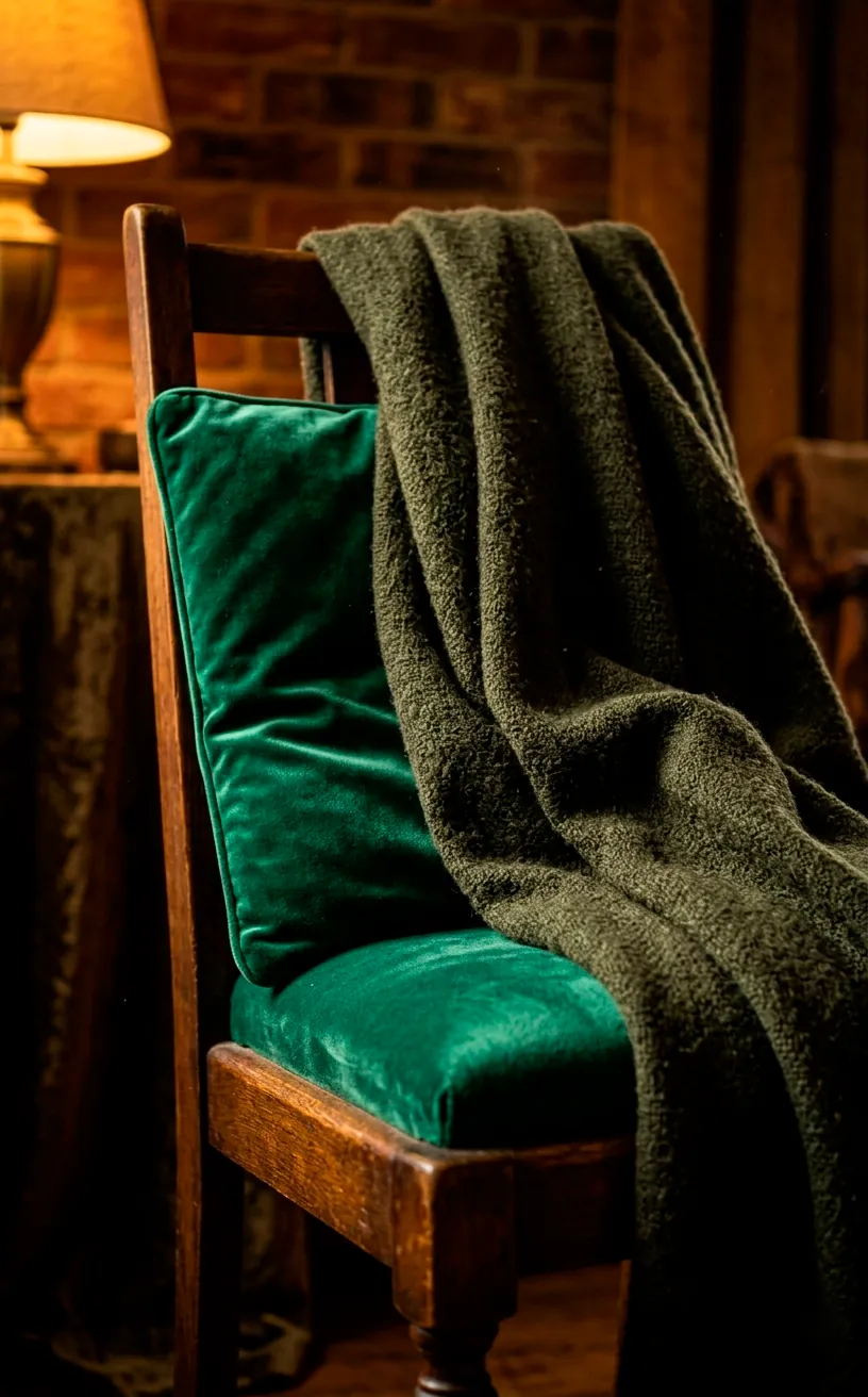 Textured layers of emerald velvet and dark wool on a dining chair.