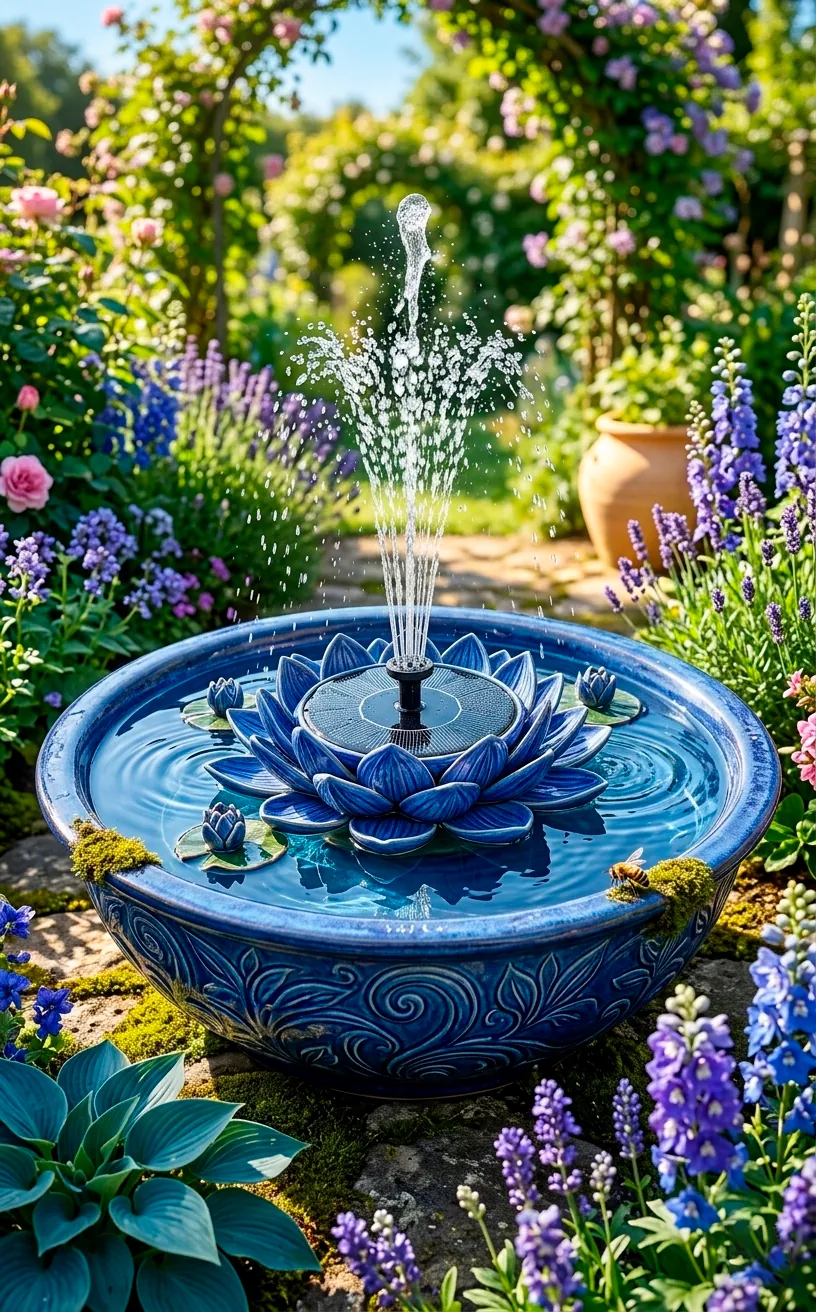 Indigo solar lily fountain floating in a garden birdbath spraying water.