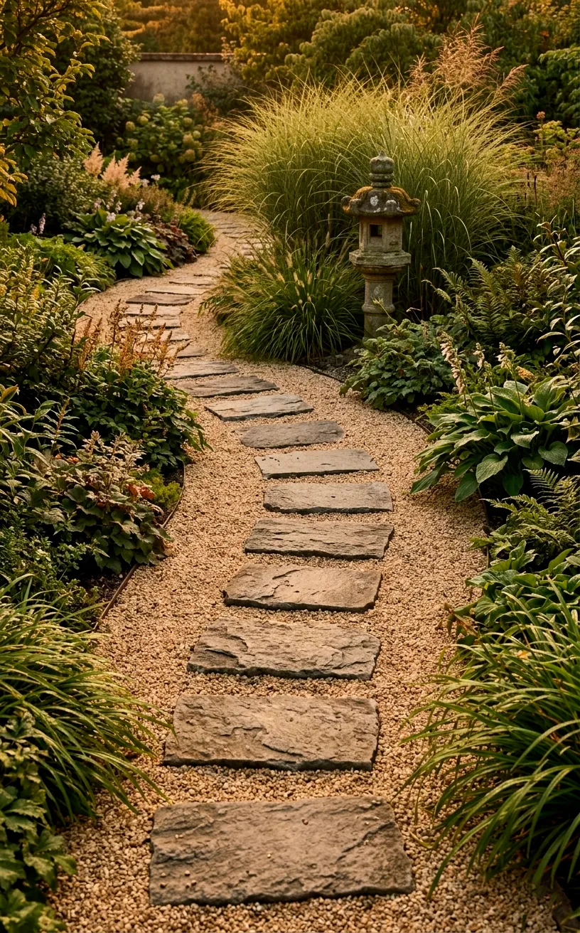 Winding stone and gravel path in a Zen garden with ornamental grasses.