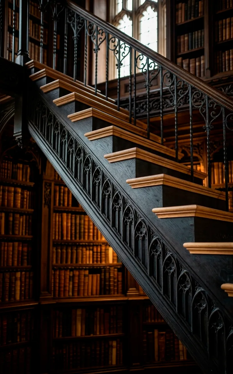 Gothic tracery wood carvings on the side stringer of a traditional dark wood staircase.