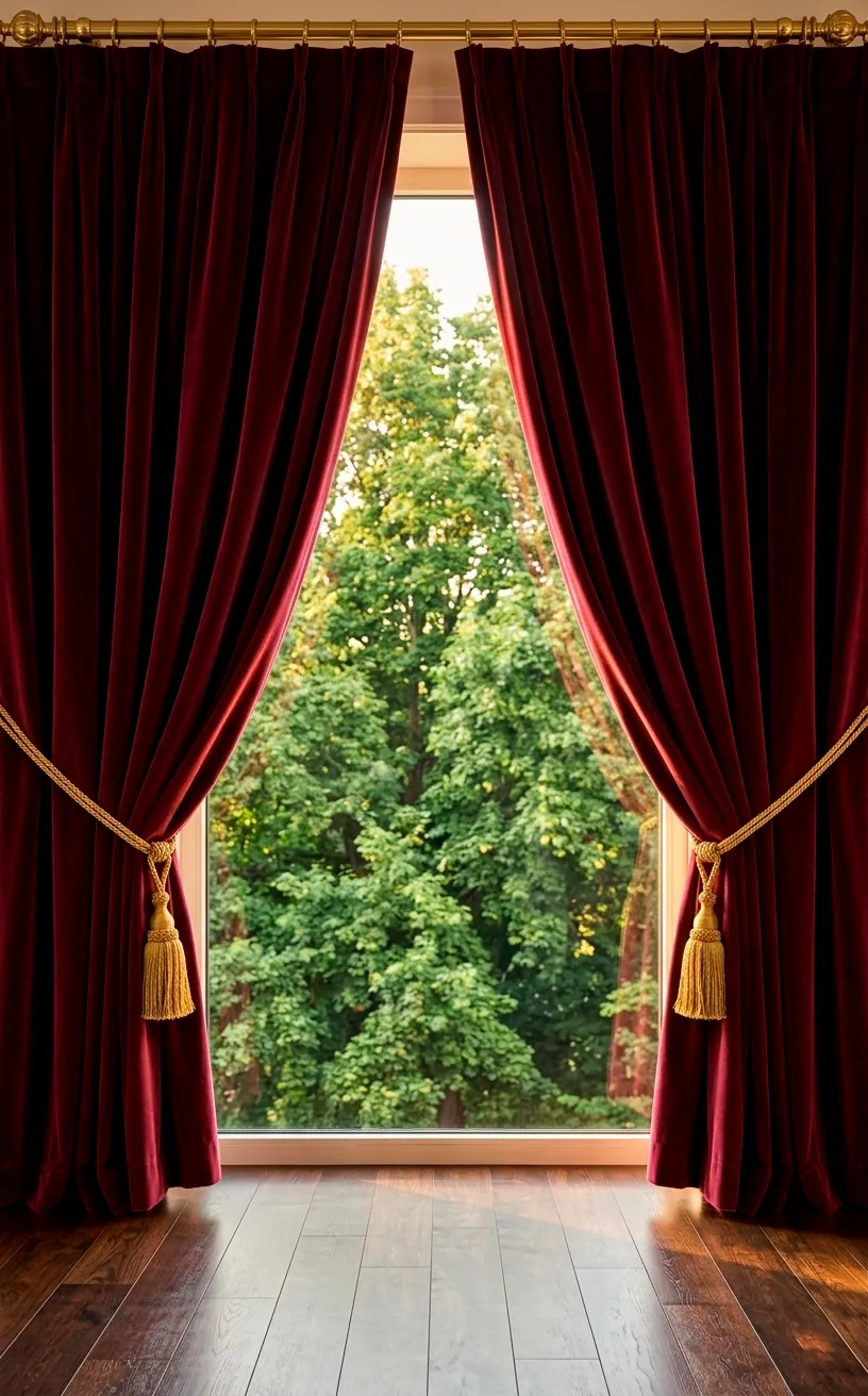 Floor-to-ceiling burgundy velvet curtains with gold tie-backs in a bright guest room.