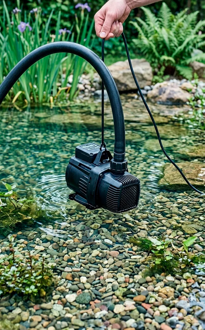 Submersible pond pump being placed into a clear patio pond.