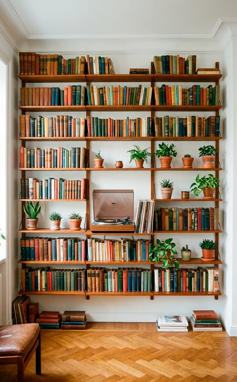 Mid-century modern teak wall unit with modular shelves and vintage decor items.
