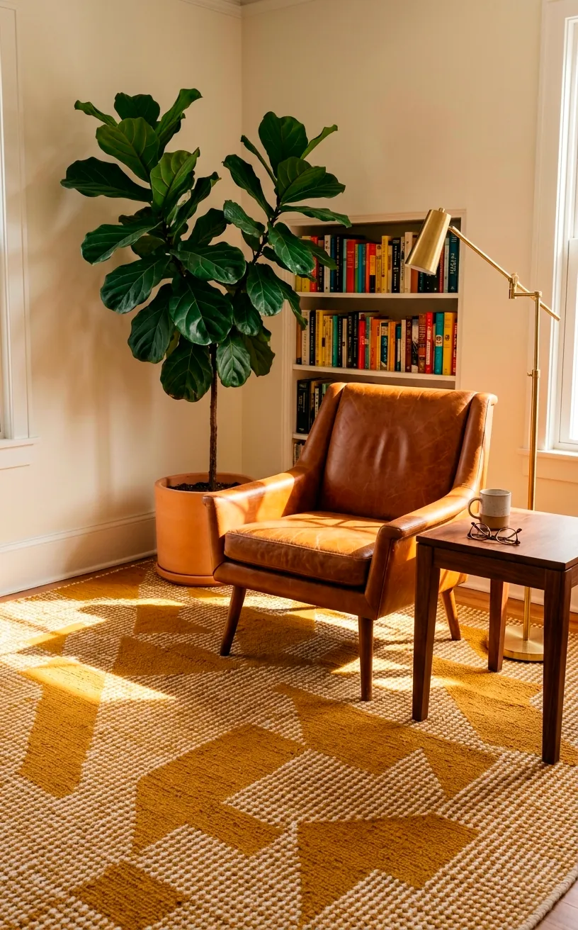 Mustard yellow geometric area rug in a sunlit reading nook with a leather accent chair.