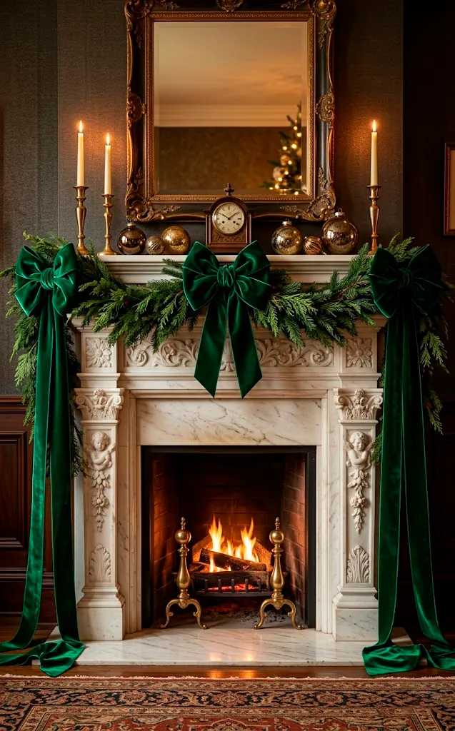 Large emerald green velvet bows decorating a Victorian marble fireplace garland.
