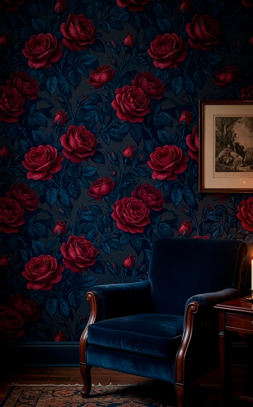 Moody dark floral wallpaper with ruby roses and navy leaves in a bedroom.