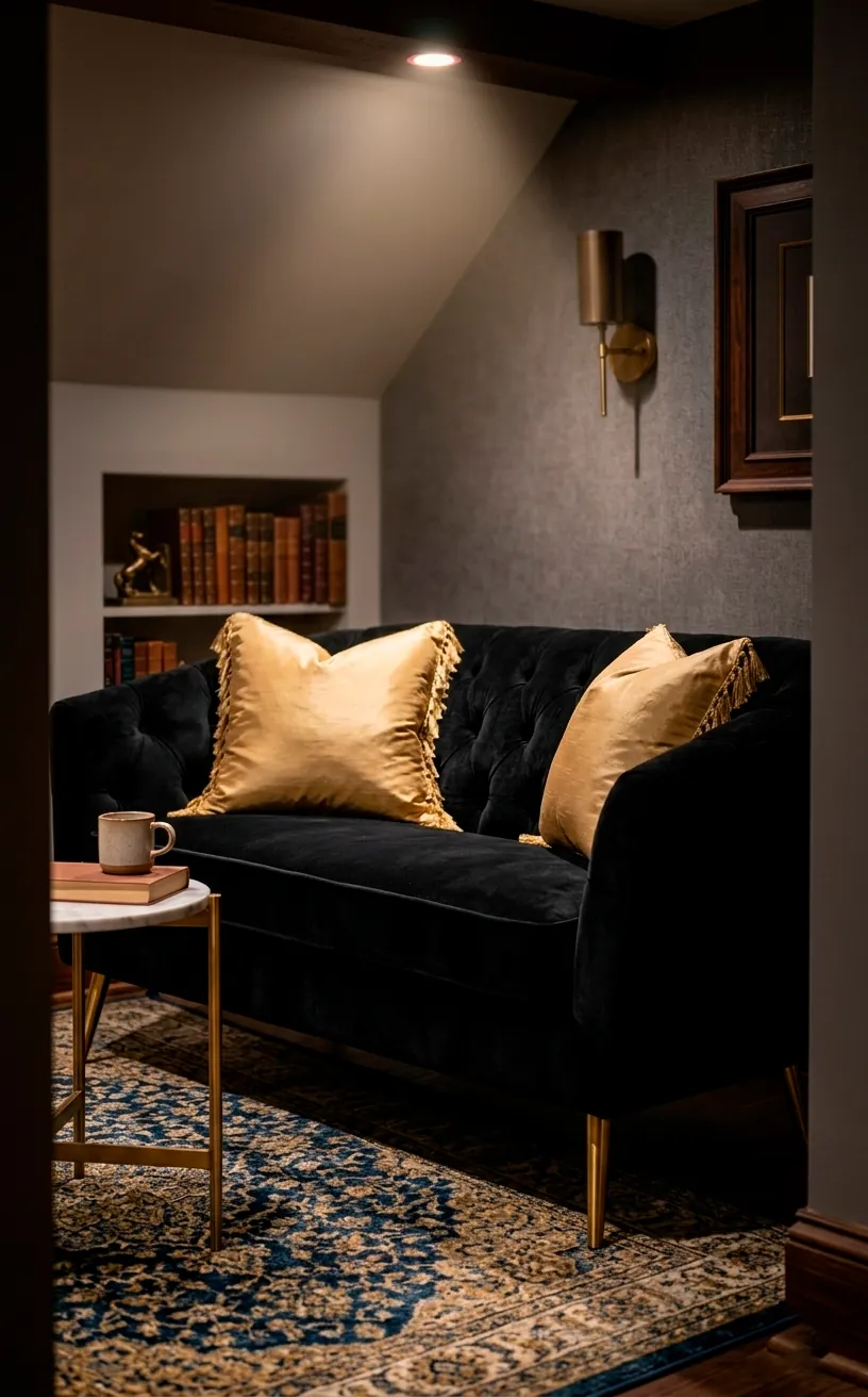 Black velvet loveseat with gold legs and gold silk pillows in a cozy, dramatic living room setup.