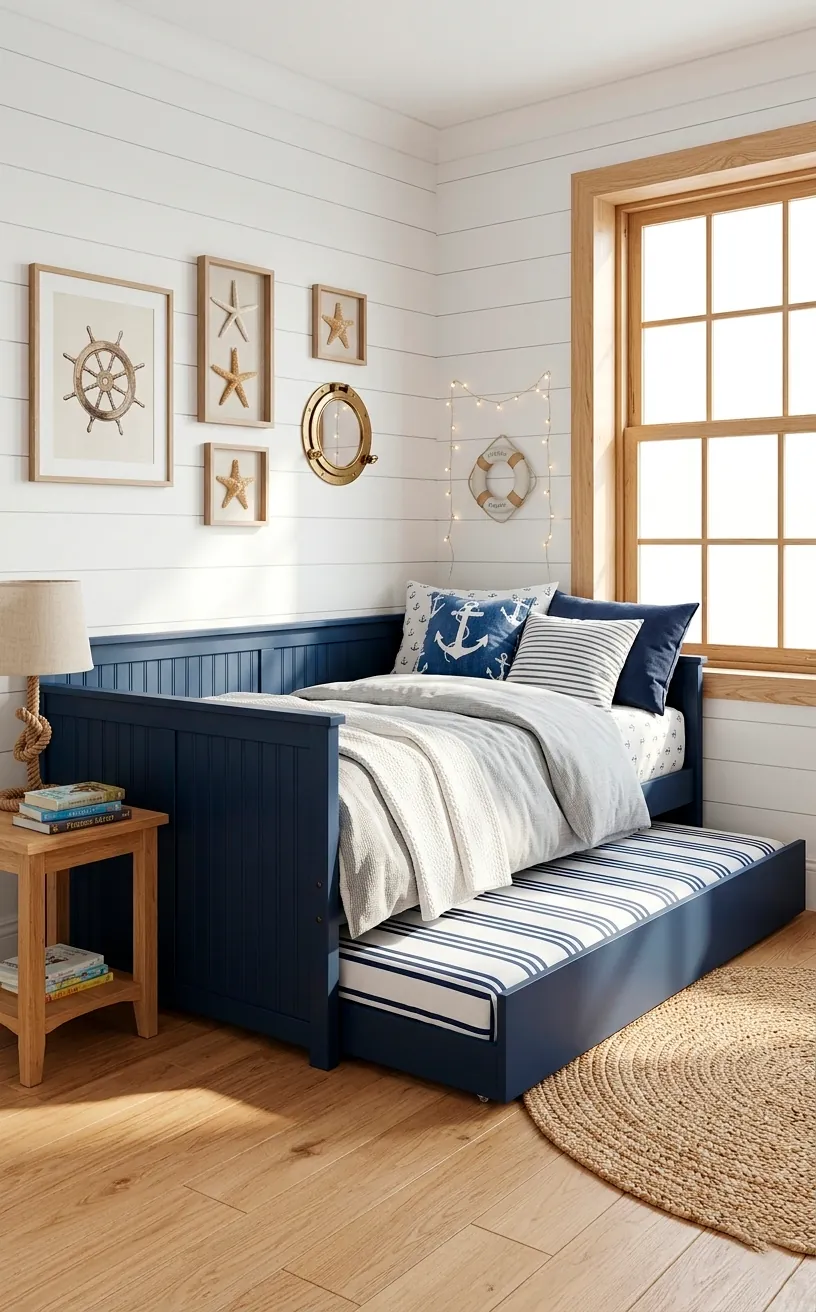 Navy blue daybed with a pull-out trundle bed for sleepovers.