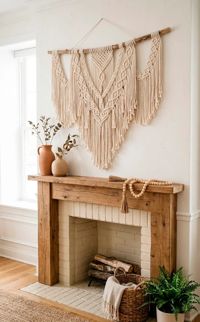 Large macramé wall hanging displayed above a simple wooden fireplace mantel.