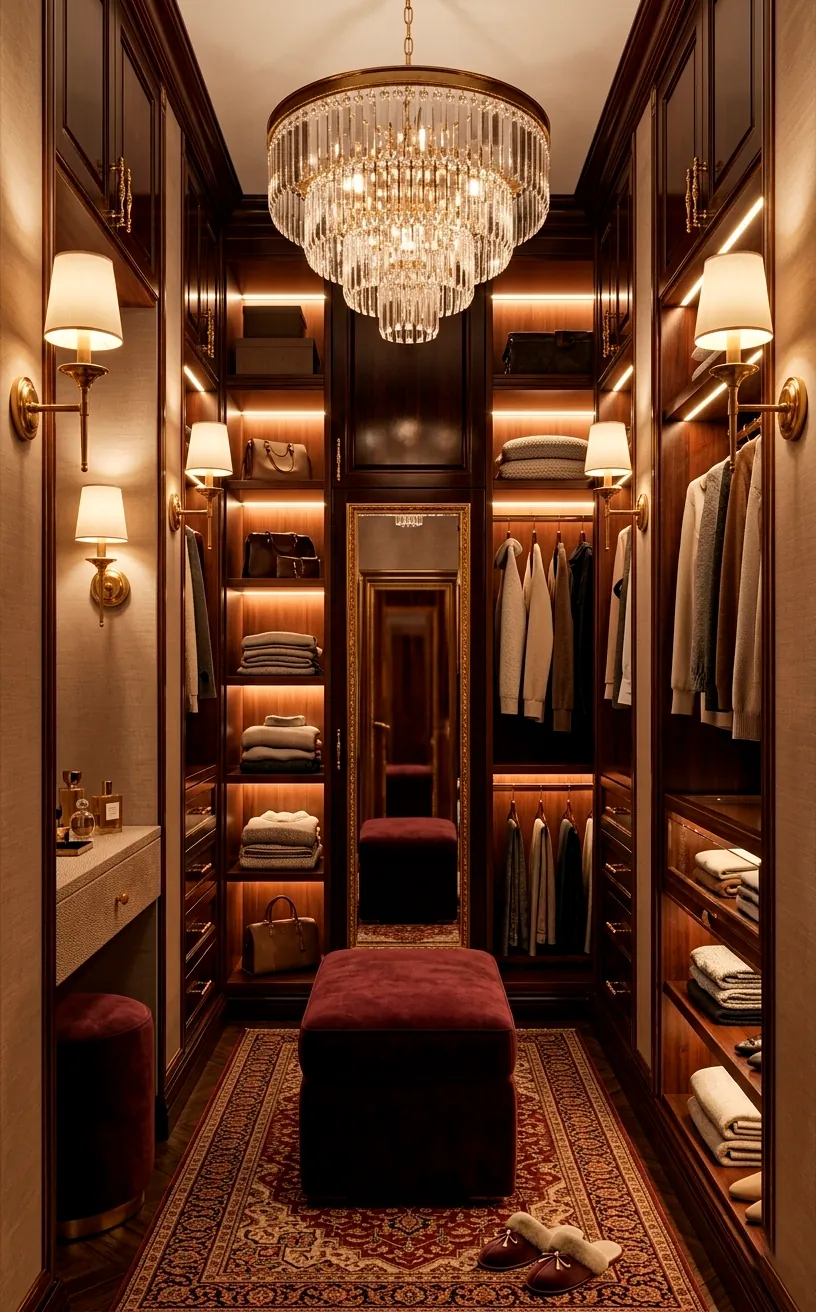 Multi-layered lighting in a luxury dressing room with chandelier and wall sconces.