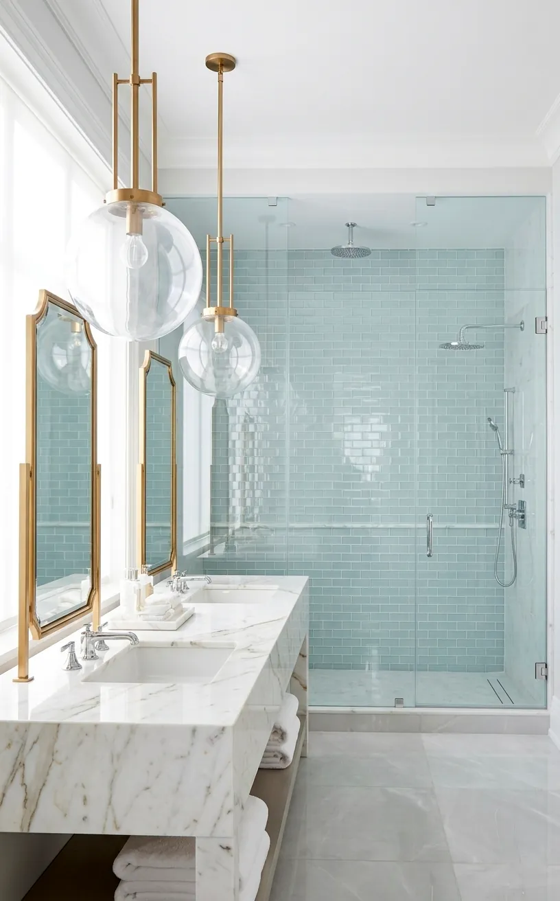 Glass globe pendant lights in a bright coastal bathroom with marble vanity.