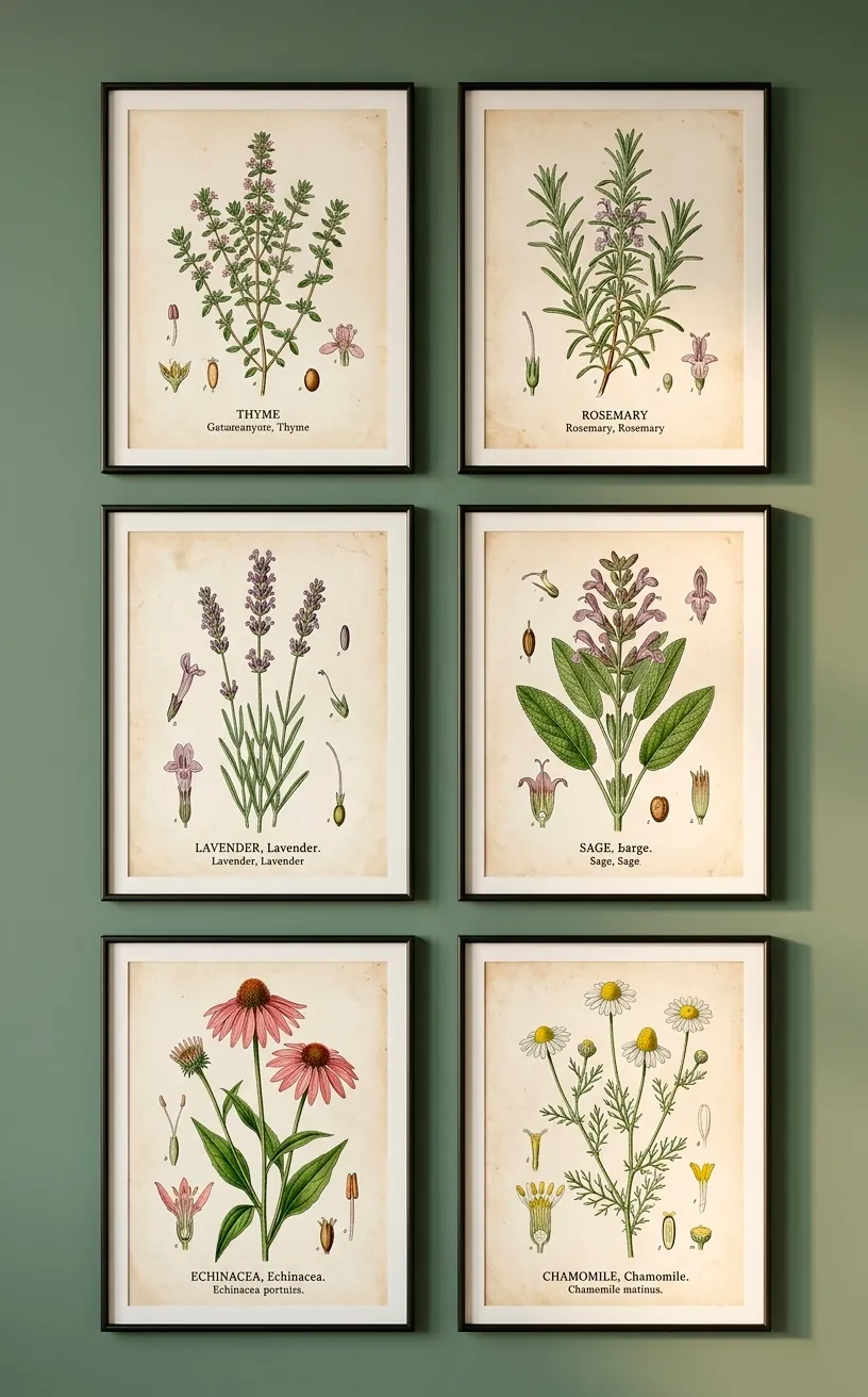Grid of six vintage botanical herb illustrations in thin black frames on a sage green wall.