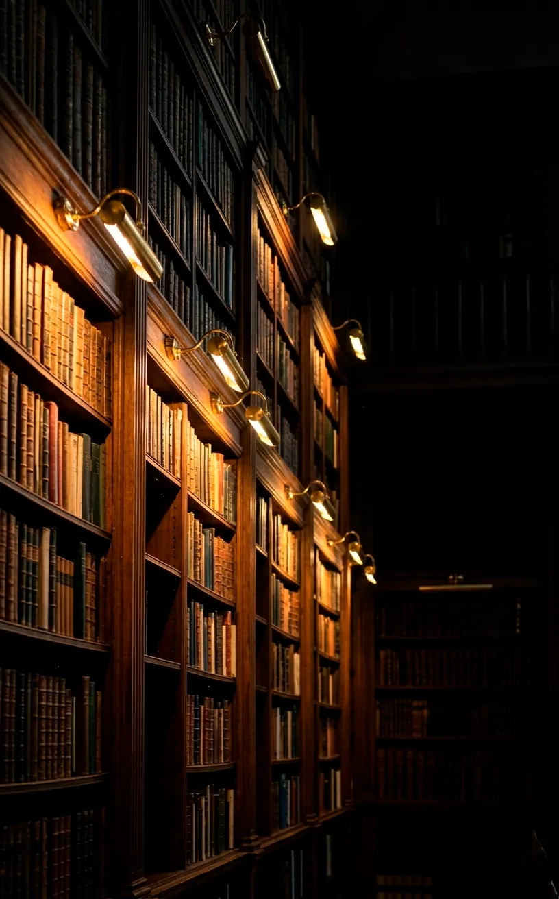 Warm golden picture lights illuminating bookshelves in a dark library.