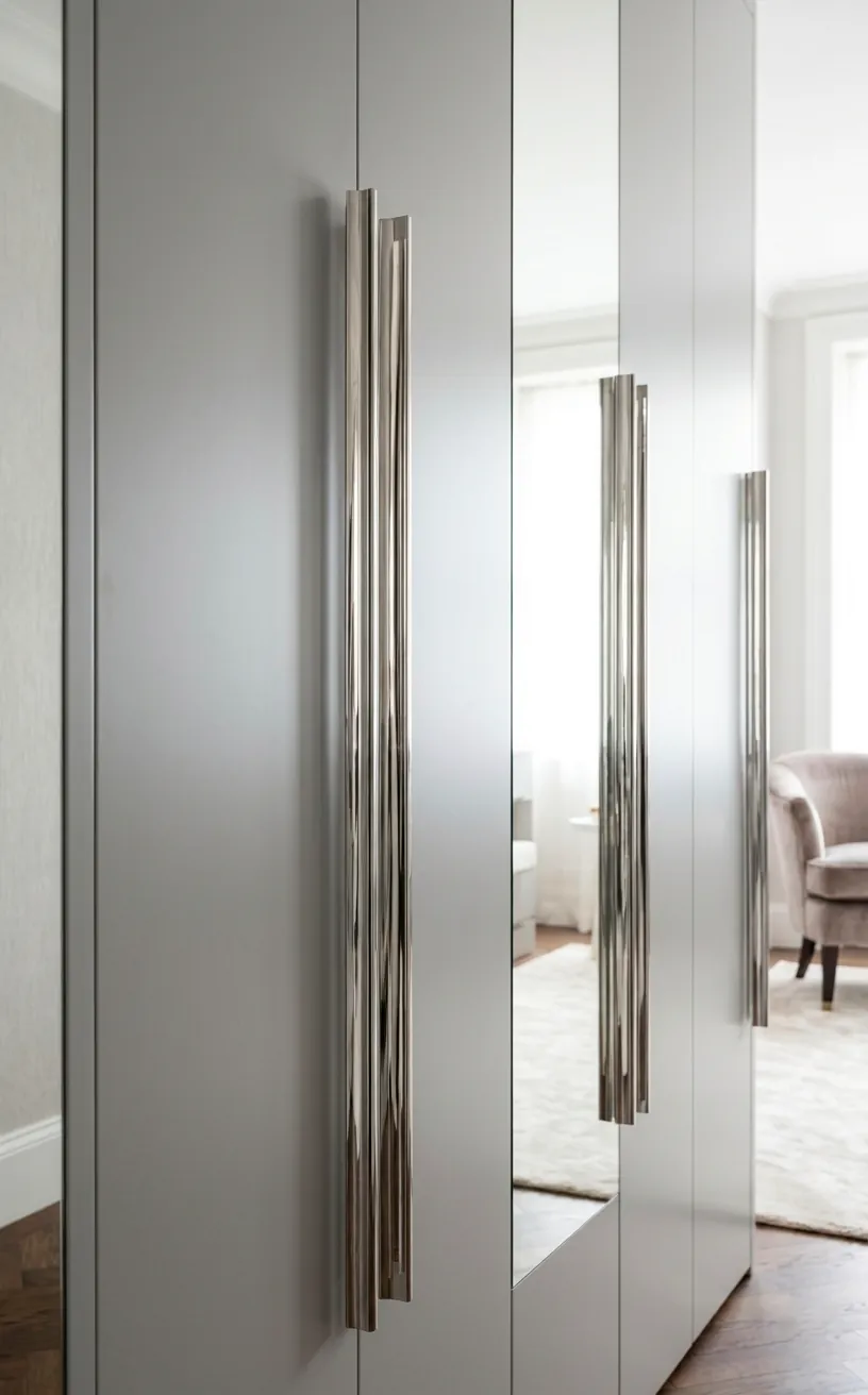 Grey closet doors featuring polished silver hardware and minimalist design.