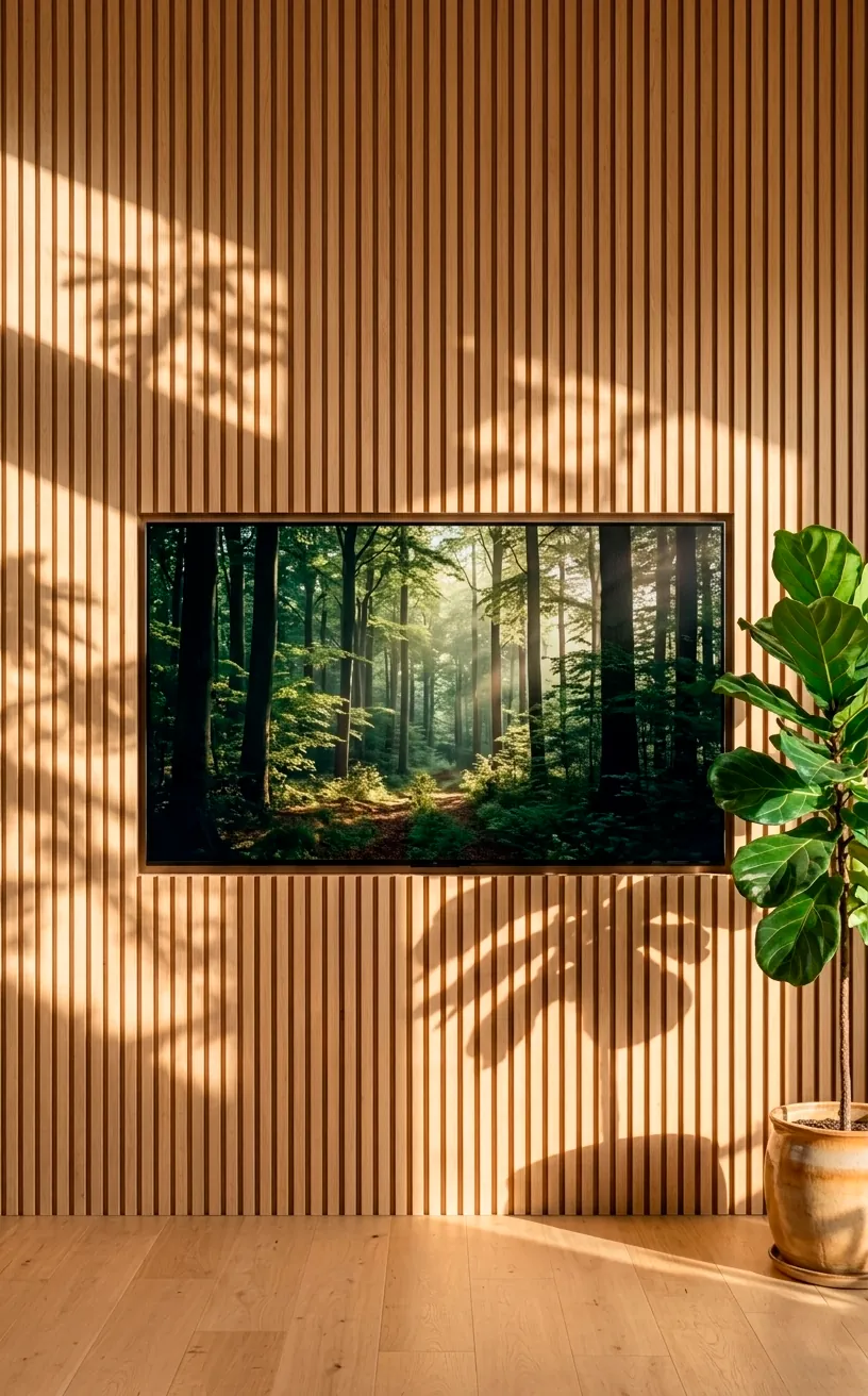 Modern TV wall featuring vertical oak wood slats and biophilic elements with a large plant.