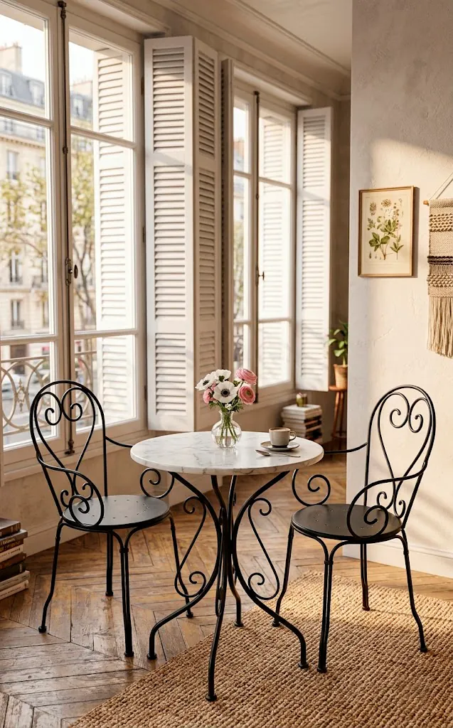 Wrought iron bistro table and chairs in a sun-lit studio apartment corner.