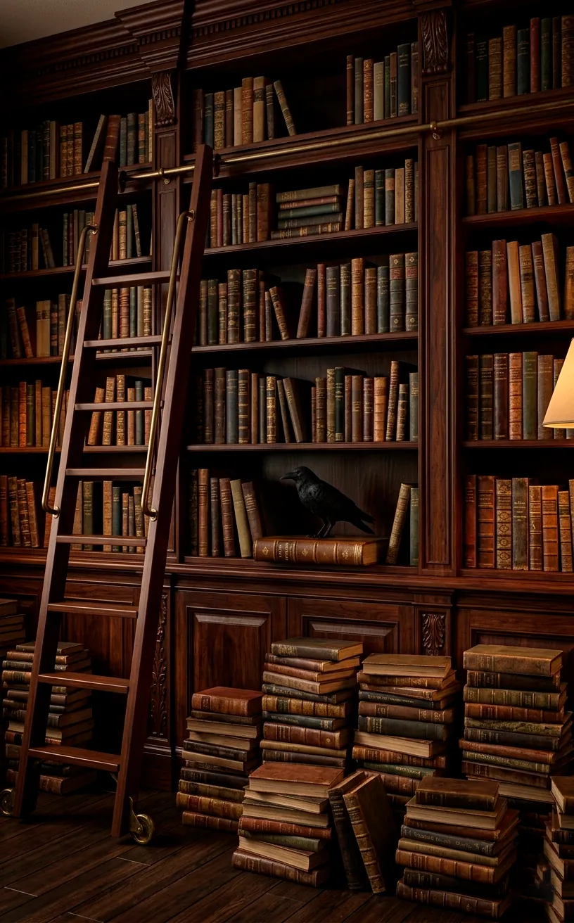 Massive home library with rolling ladder and stacks of vintage leather books.