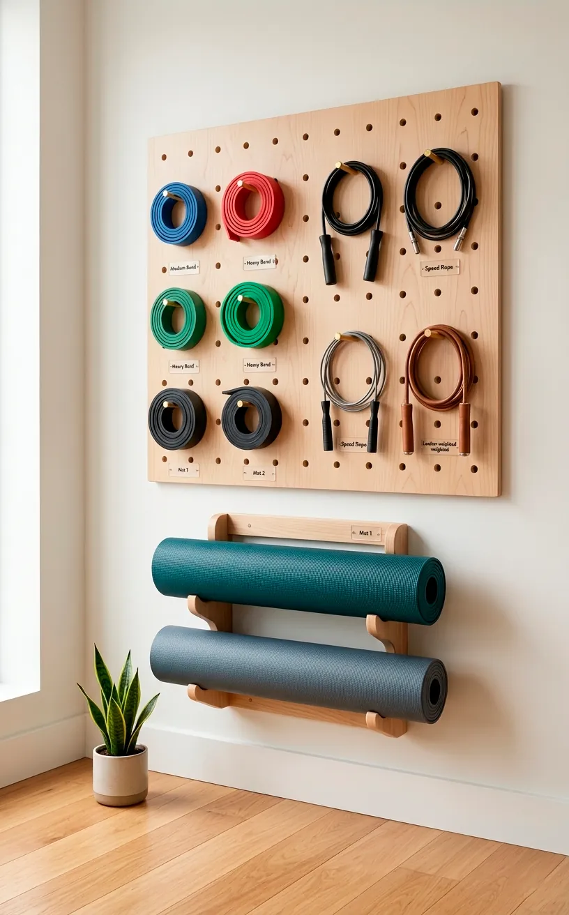 Organized wall storage with pegboard and yoga mat rack in a bright, modern fitness room.